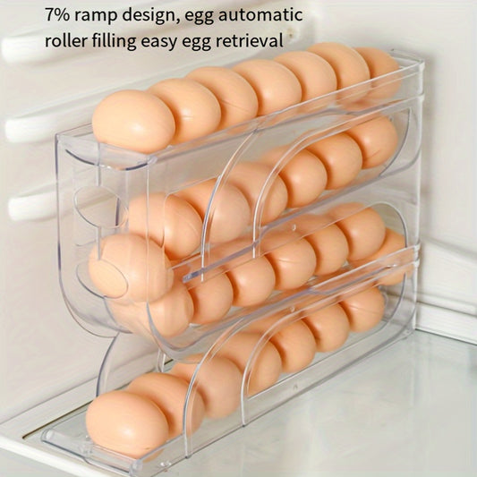 3-Tier Sliding Egg Holder – Clear Plastic, Space-Saving Refrigerator Storage Rack with Automatic Rolling Feature