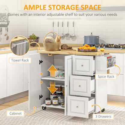 Kitchen Island Cart with Drop-Leaf Countertop – Mobile Storage Cabinet with Drawers, Spice Rack & Towel Holder