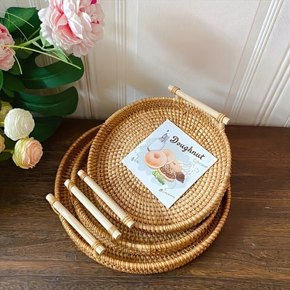 Handmade Rattan Tray – Round Woven Storage Basket with Handles for Tea, Fruit & Decor