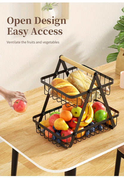 2/3 Tier Metal Wire Storage Basket – Countertop Organizer with Wooden Handle for Bathroom & Home