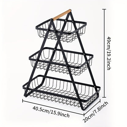 2/3 Tier Metal Wire Storage Basket – Countertop Organizer with Wooden Handle for Bathroom & Home