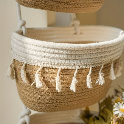 Boho Chic 3-Tier Tassel Hanging Storage Basket – Wall Organizer