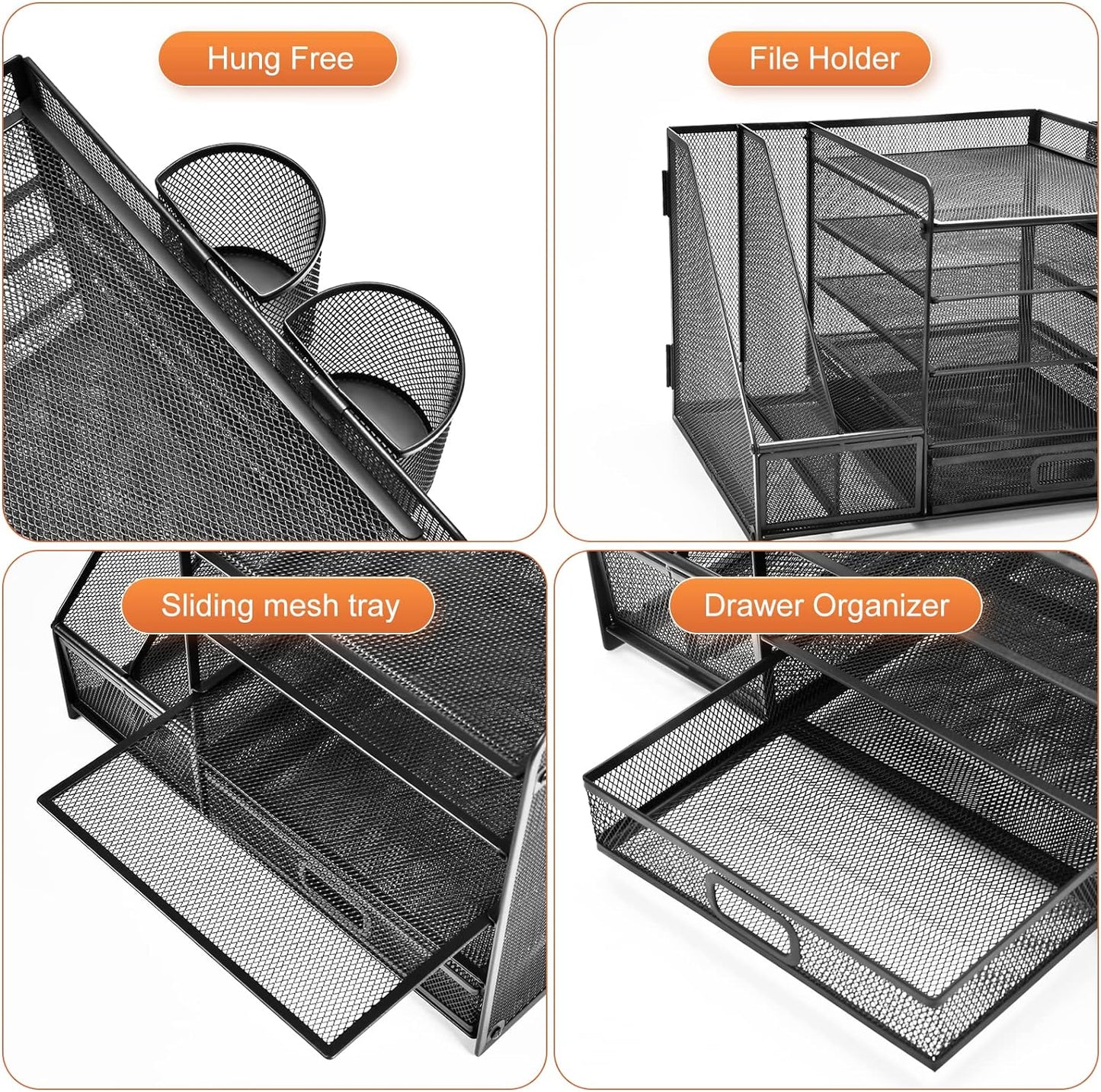 5-Tier Desk Organizer with Drawer & Pen Holders – Metal Mesh File Holder, Paper Letter Tray & Magazine Rack for Office Supplies