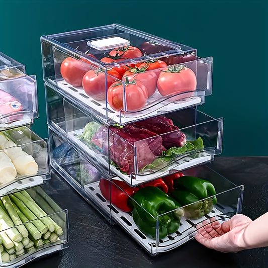 Stackable Refrigerator Organizer – Transparent PET Storage Drawer for Fruits, Vegetables, Meats, and Eggs