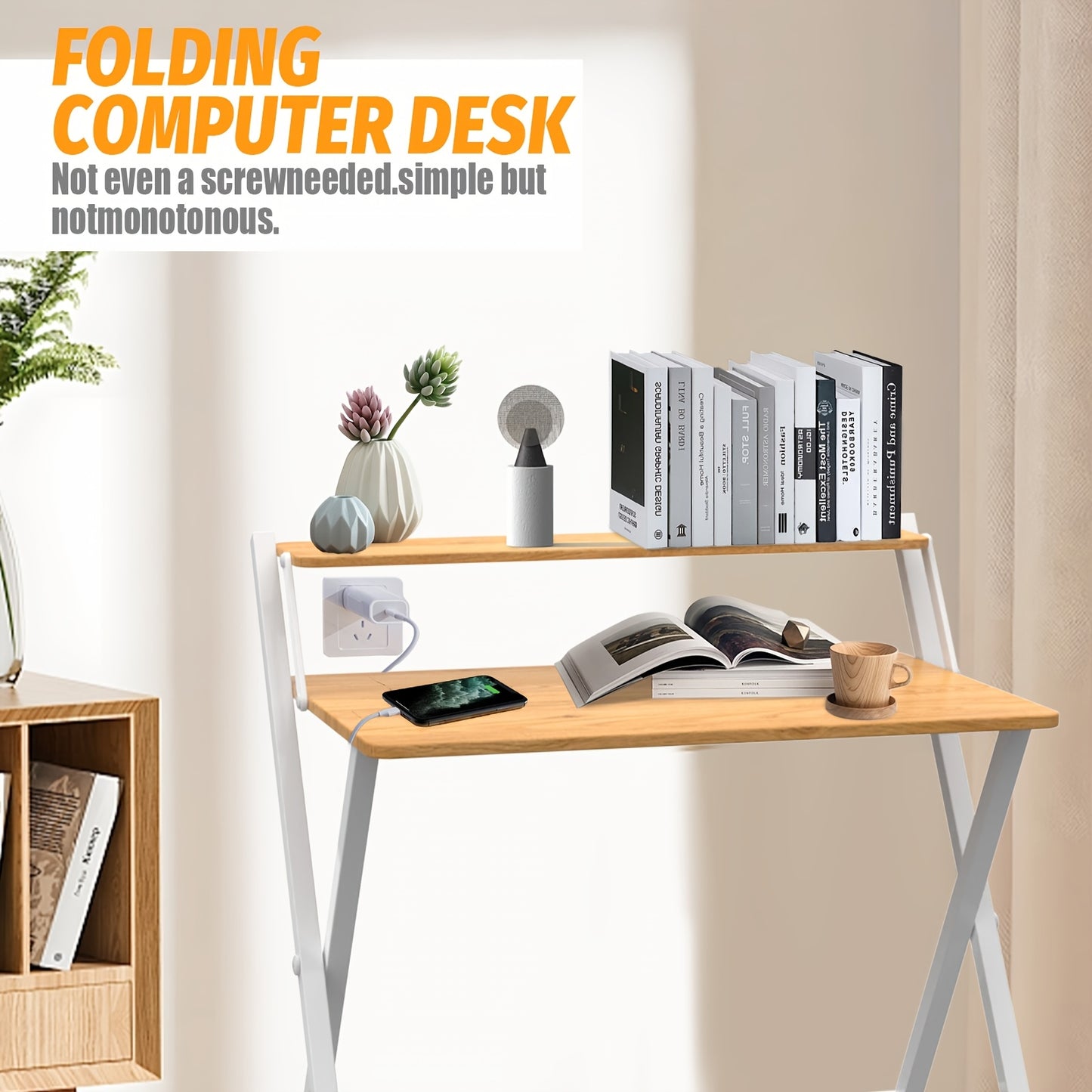 Space-Saving 2-Tier Folding Desk with Shelf – Portable Laptop & Study Table, Modern Wood Finish, No Assembly