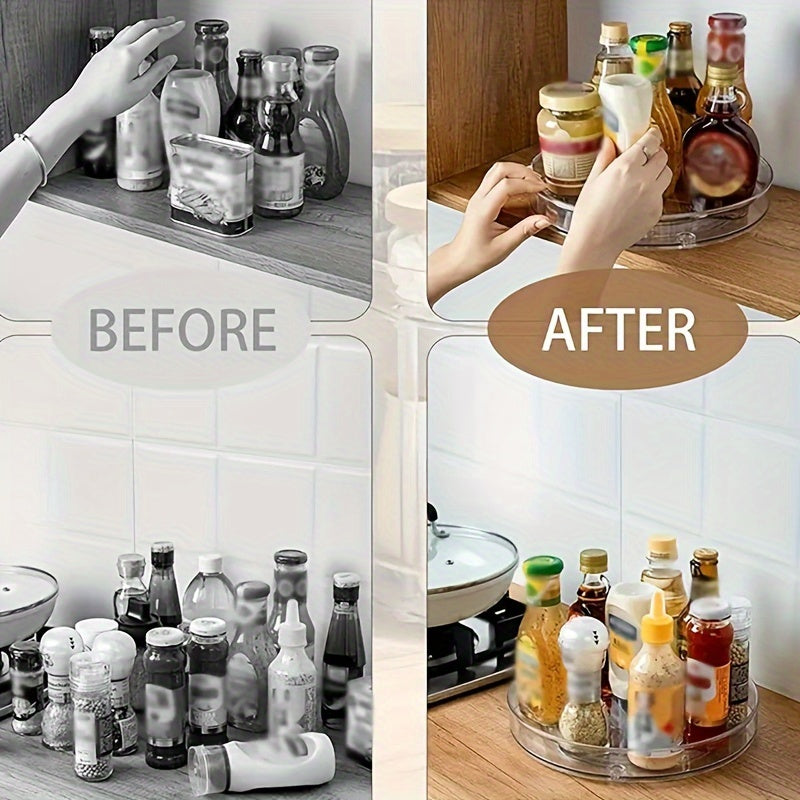 360° Rotating Turntable Storage Box – Divided Transparent Container for Condiments and Food