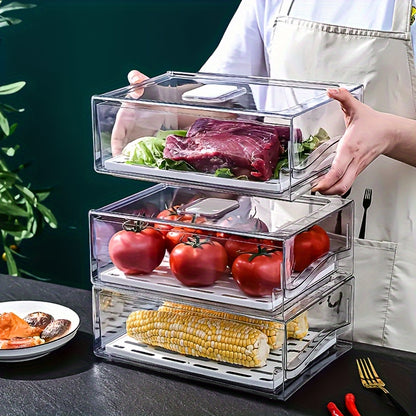 Stackable Refrigerator Organizer – Transparent PET Storage Drawer for Fruits, Vegetables, Meats, and Eggs