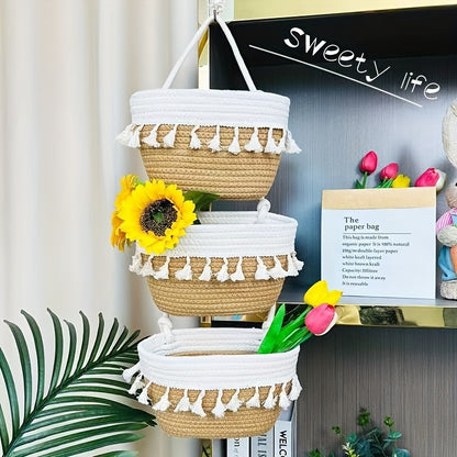 Boho Chic 3-Tier Tassel Hanging Storage Basket – Wall Organizer