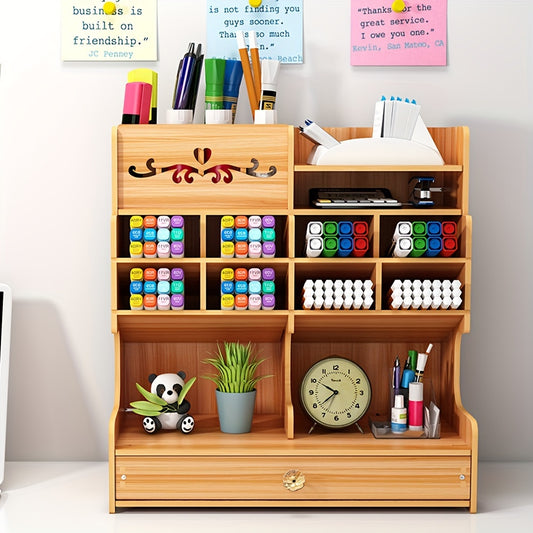 1PC Wooden Pen Pencil Storage Holder Office Desk Organizer Box Tidy Shelf w/ Drawer