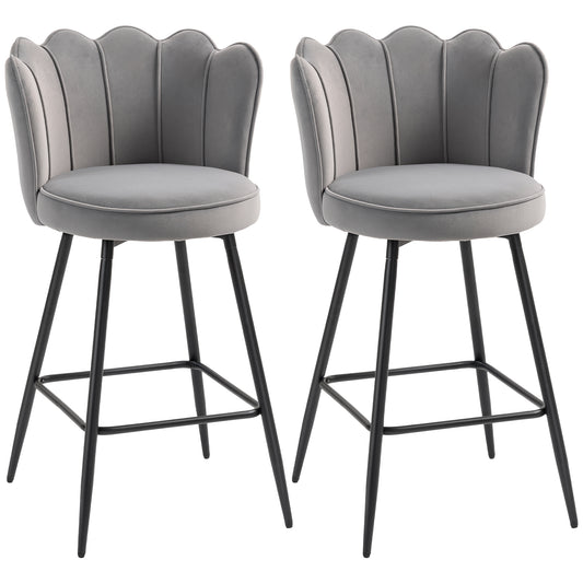 Set of Two Velvet-Feel Lotus Bar Stools- Grey