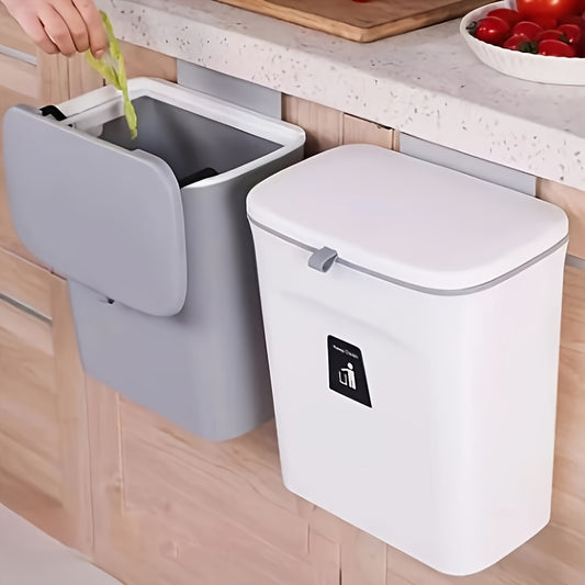 Under Cabinet Door Hanging Trash Can with Lid – No Drill Kitchen Waste Bin, Space-Saving Cabinet Organizer for Food Scraps & Utensils