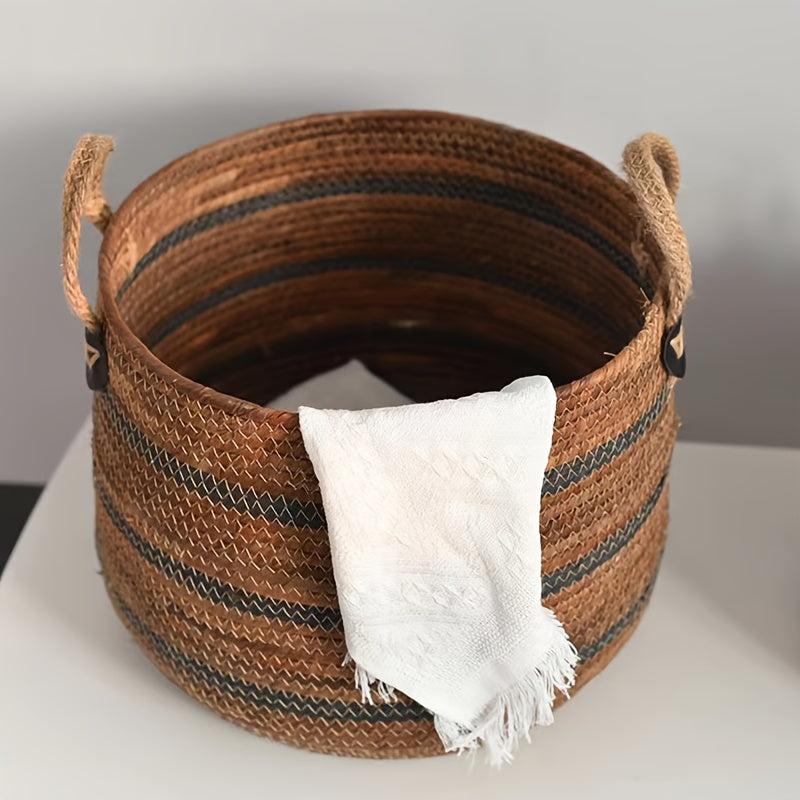 Bohemian Woven Banana Rope Storage Basket – Large Capacity Organizer Bin with Handles for Living Room & Balcony