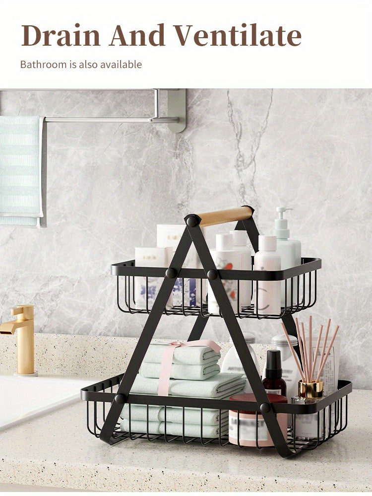 2/3 Tier Metal Wire Storage Basket – Countertop Organizer with Wooden Handle for Bathroom & Home