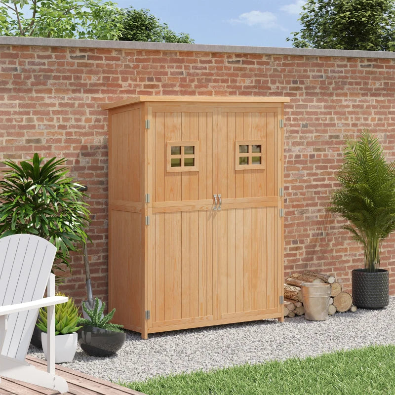 Wooden Garden Shed with Two Windows, Tool Storage Cabinet, Outdoor Double Door Organizer 127.5L x 50W x 164H cm, Natural