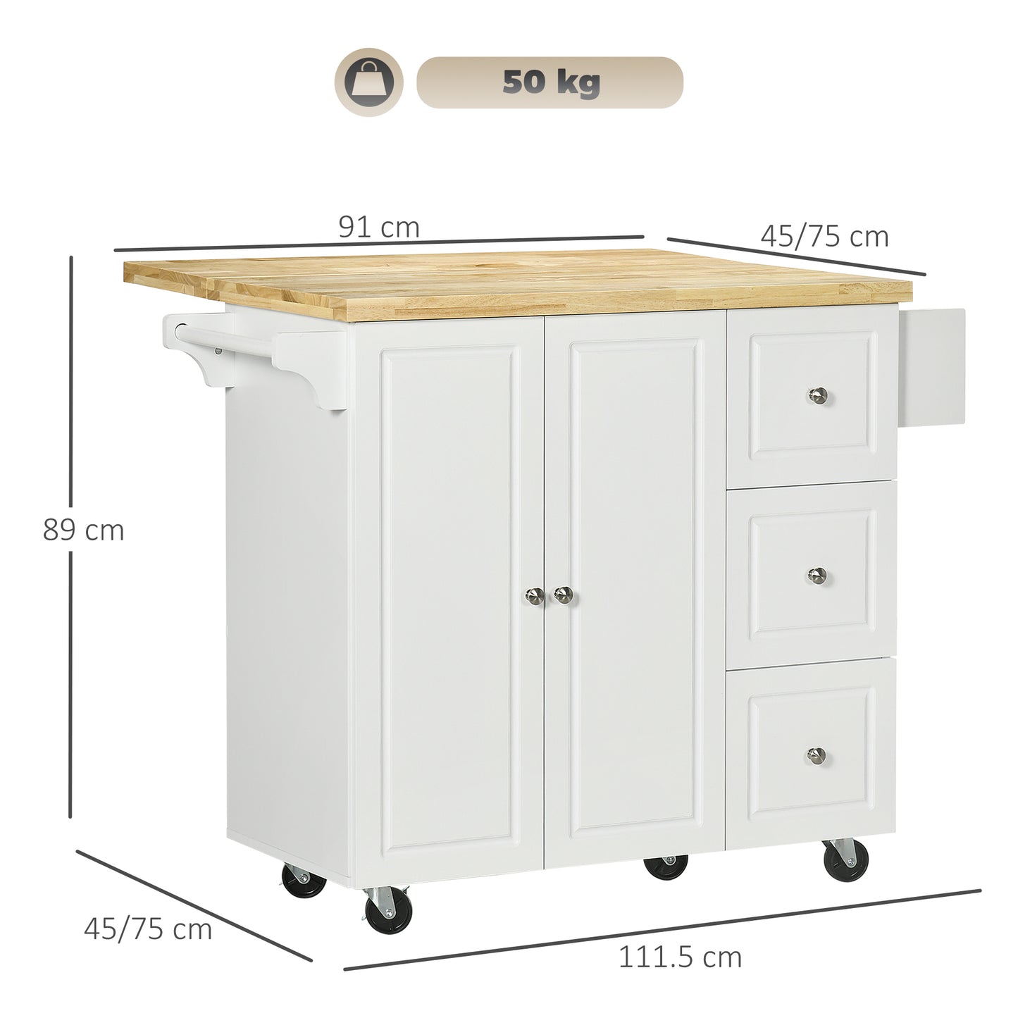 Kitchen Island Cart with Drop-Leaf Countertop – Mobile Storage Cabinet with Drawers, Spice Rack & Towel Holder
