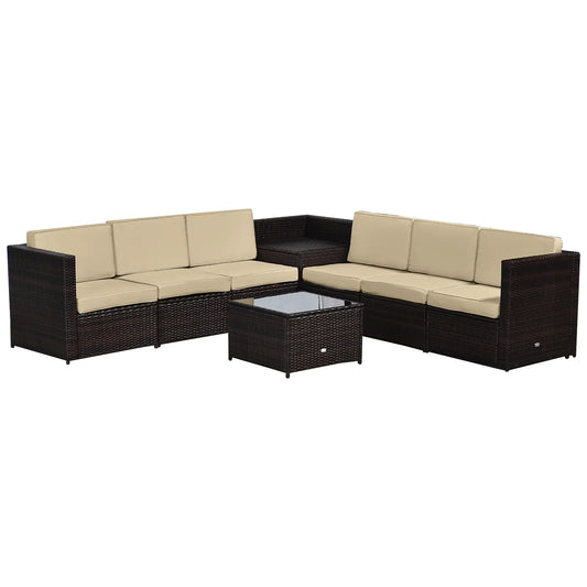 6-Seater Rattan Sofa Furniture Set W/Cushions, Steel Frame-Brown