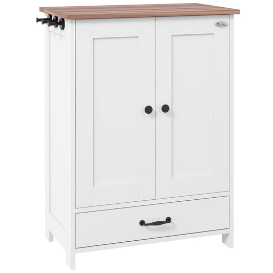 Pet Feeding Station with Raised Dog Bowls, Adjustable Panel, Hooks, White