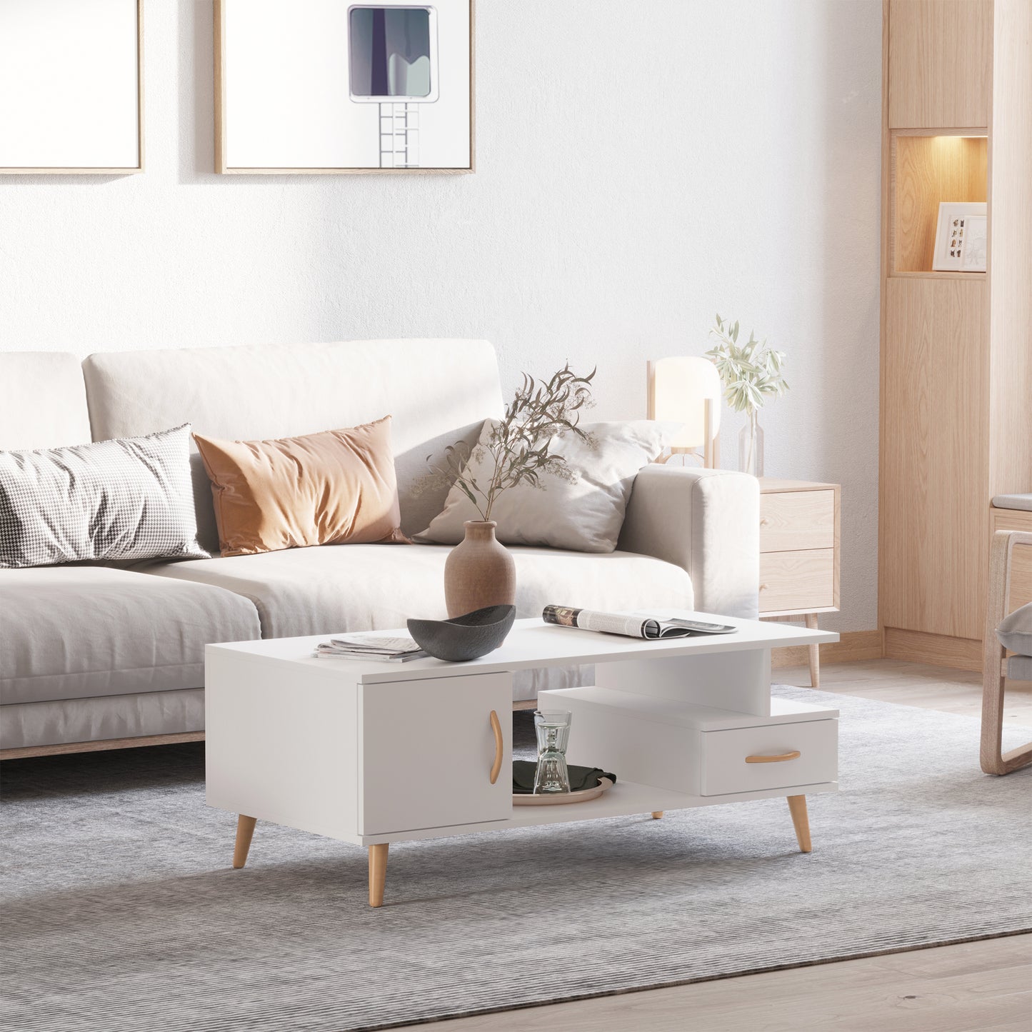 Modern White Cocktail Coffee Table with Storage – 2-Tier Living Room Table with Drawer, Cabinet & Shelf