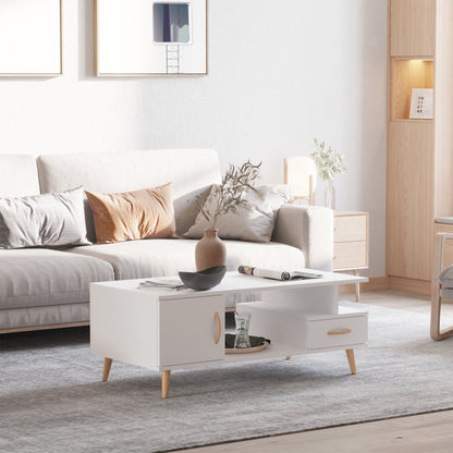 Modern White Cocktail Coffee Table with Storage – 2-Tier Living Room Table with Drawer, Cabinet & Shelf