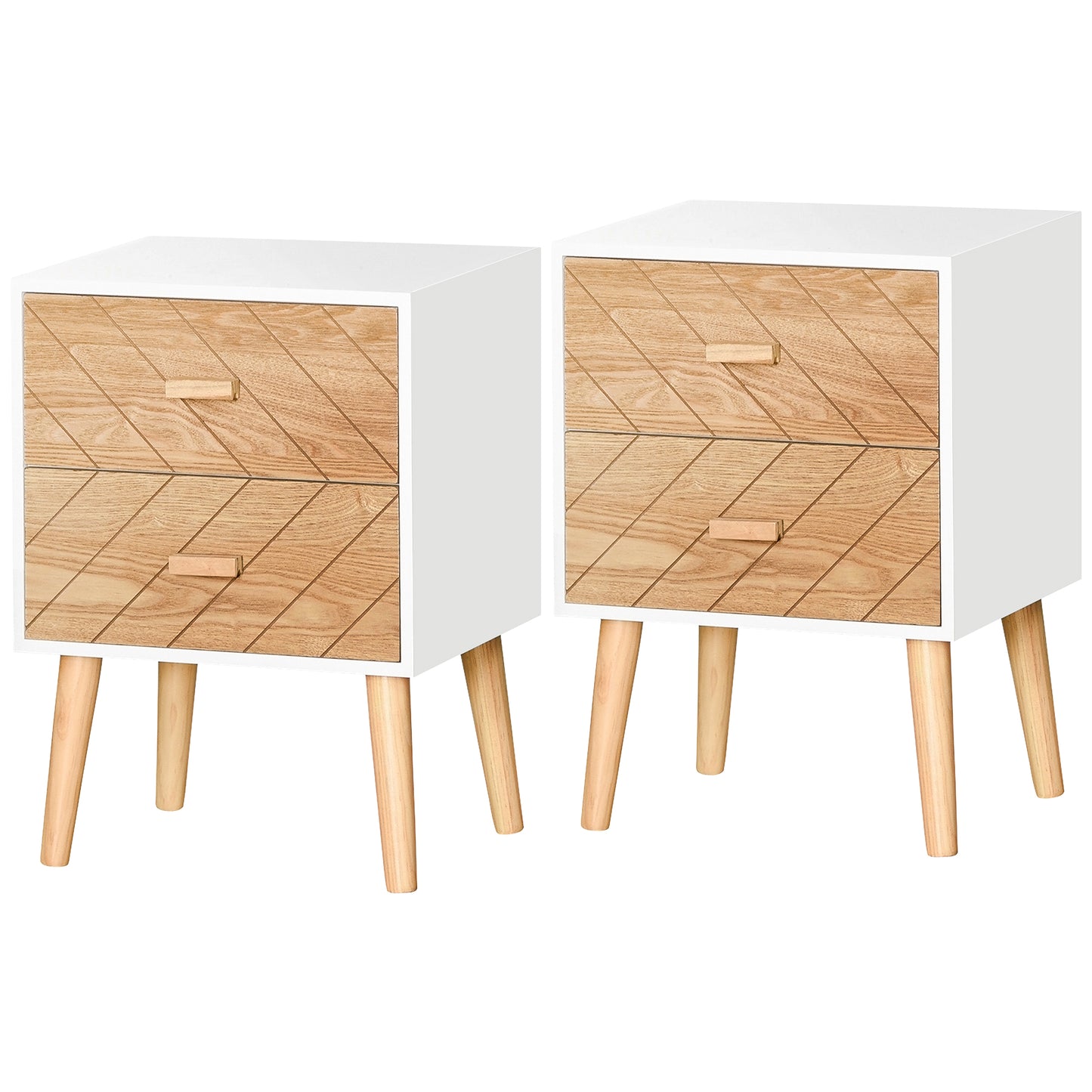 Bedside Table Set of 2, Modern Bedside Cabinets with Drawer and Pine Wood Legs, Nightstand for Bedroom, White and Natural