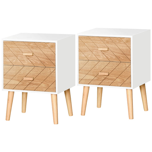Bedside Table Set of 2, Modern Bedside Cabinets with Drawer and Pine Wood Legs, Nightstand for Bedroom, White and Natural