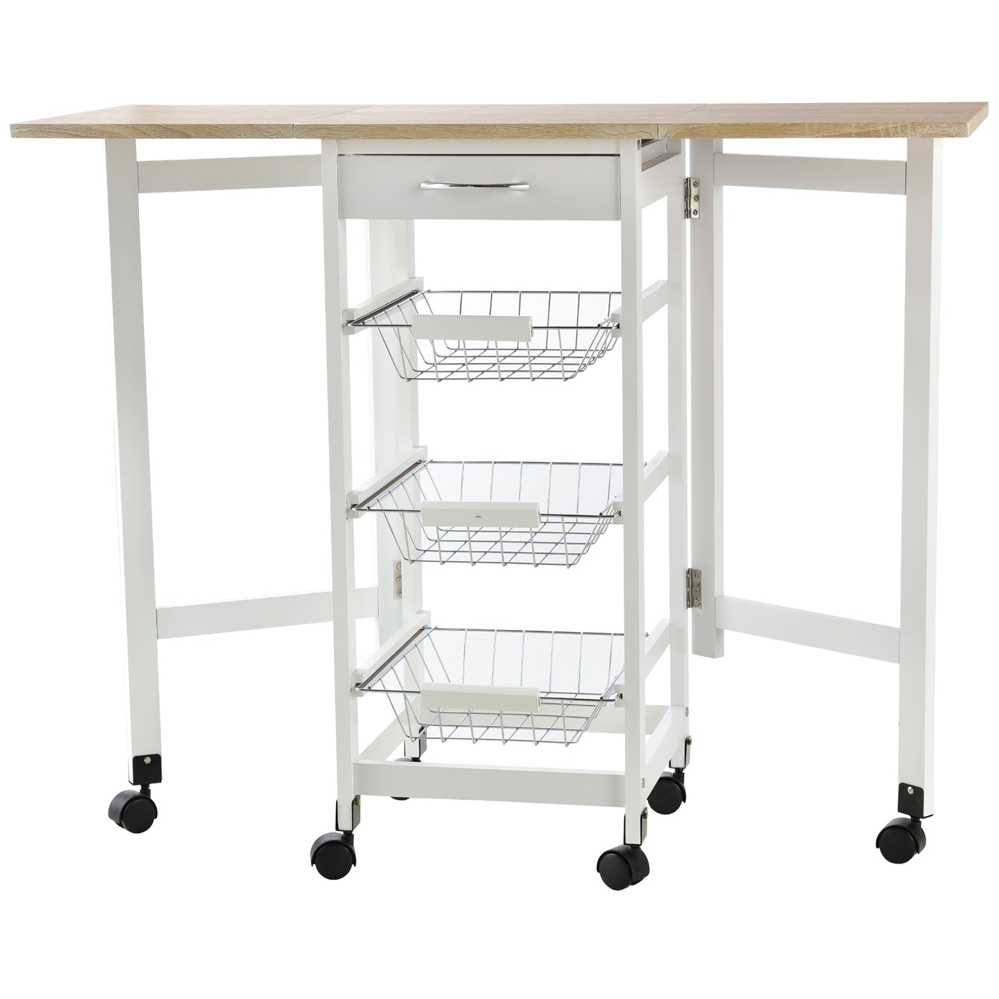 Drop-Leaf Kitchen Cart Trolley w/ 3 Baskets Drawer Surface Top 6 Universal Wheels Rolling Storage Unit Kitchen Home Dining Island White Oak Tone
