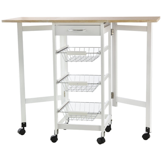 Drop-Leaf Kitchen Cart Trolley w/ 3 Baskets Drawer Surface Top 6 Universal Wheels Rolling Storage Unit Kitchen Home Dining Island White Oak Tone