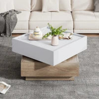 Square Rotating Coffee Table with 2 Drawers and Swivel Top, 2-Tier Centre Table with Storage, 60L x 60W x 38H cm, White+Oak
