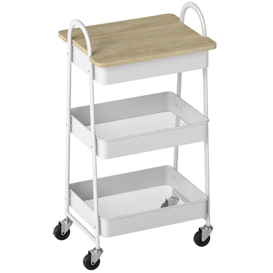 3-Tier Kitchen Storage Trolley with on Wheels Cover Top Board- White and Oak