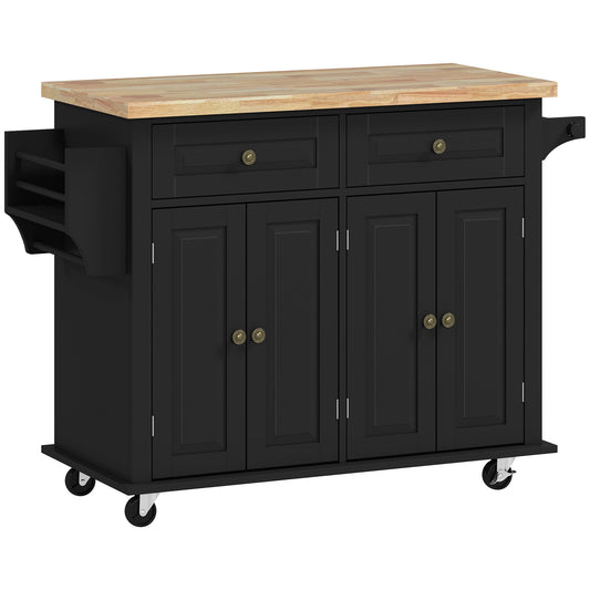 Rolling Kitchen Island Storage Trolley with Rubber Wood Top & Drawers