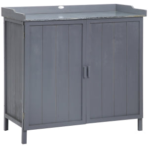 Garden Storage Cabinet, Outdoor Tool Shed, Potting Bench Table with Galvanized Top and Two Shelves for Yard Tools or Pool Accessories, Grey