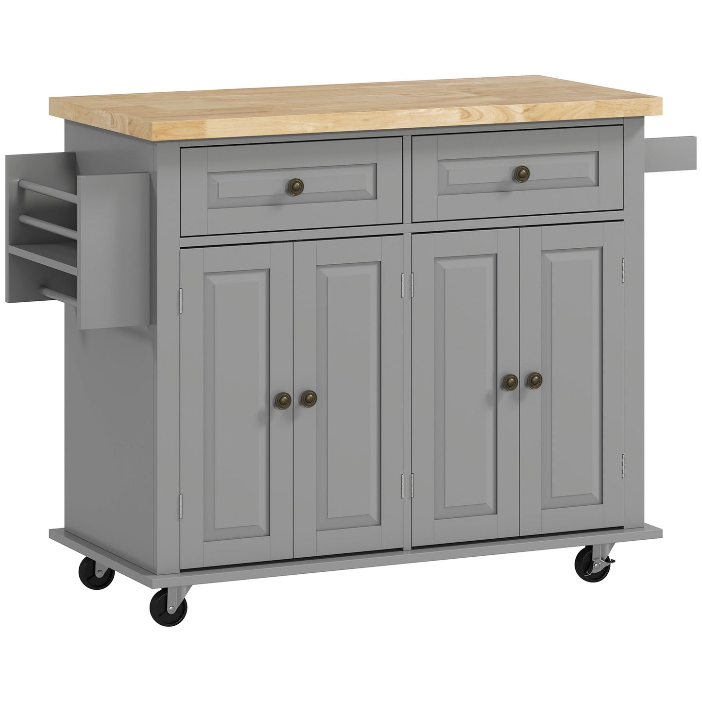 Rolling Kitchen Island Storage Trolley with Rubber Wood Top & Drawers