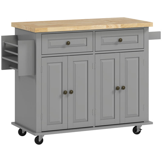 Rolling Kitchen Island Storage Trolley with Rubber Wood Top & Drawers