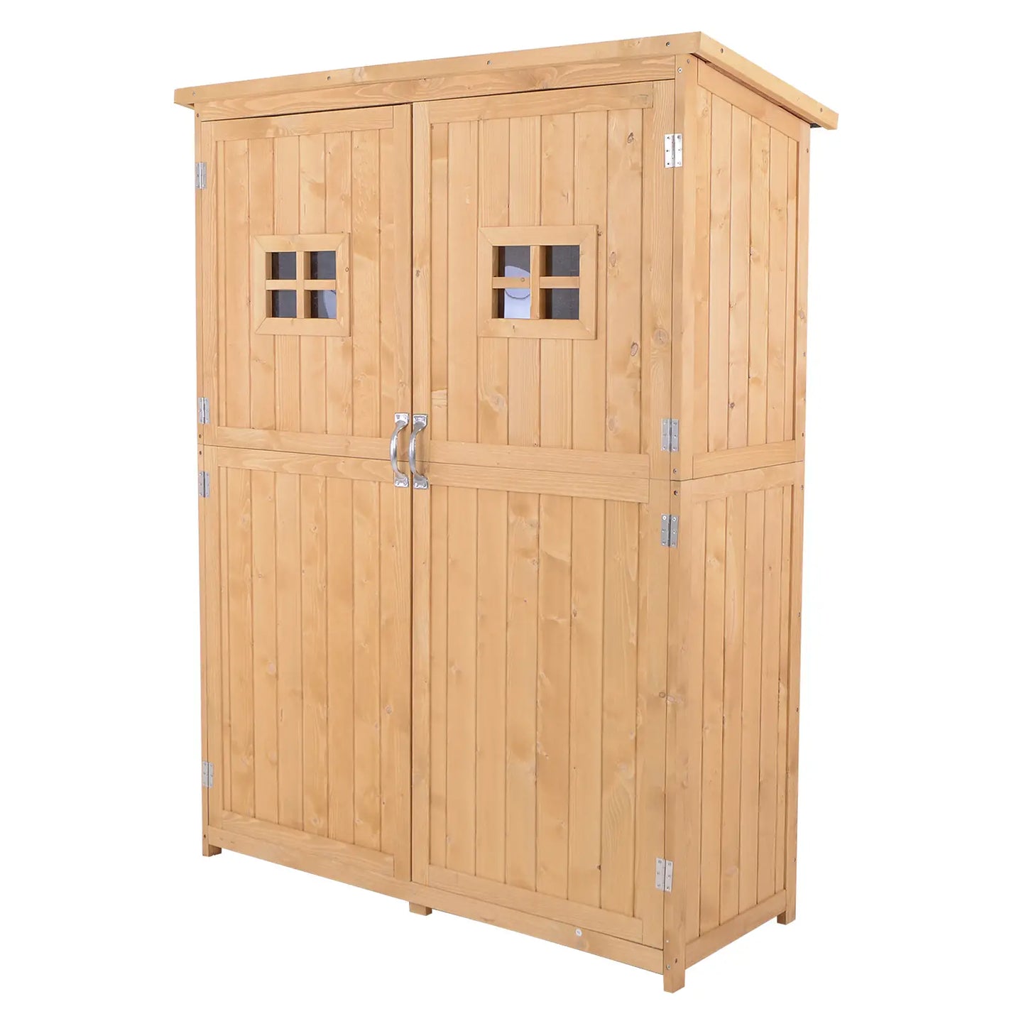 Wooden Garden Shed with Two Windows, Tool Storage Cabinet, Outdoor Double Door Organizer 127.5L x 50W x 164H cm, Natural