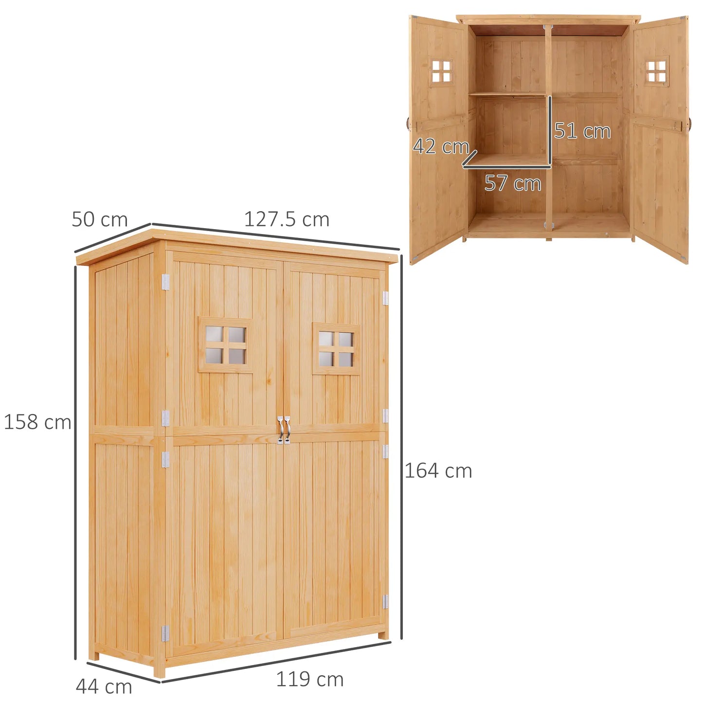 Wooden Garden Shed with Two Windows, Tool Storage Cabinet, Outdoor Double Door Organizer 127.5L x 50W x 164H cm, Natural