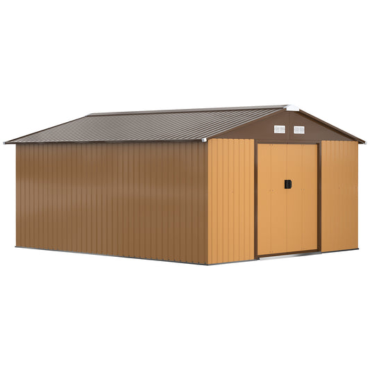 13 x 11ft Metal Garden Shed, Outdoor Storage Tool House with Ventilation Slots, Foundation Kit and Lockable Double Doors, Light Brown
