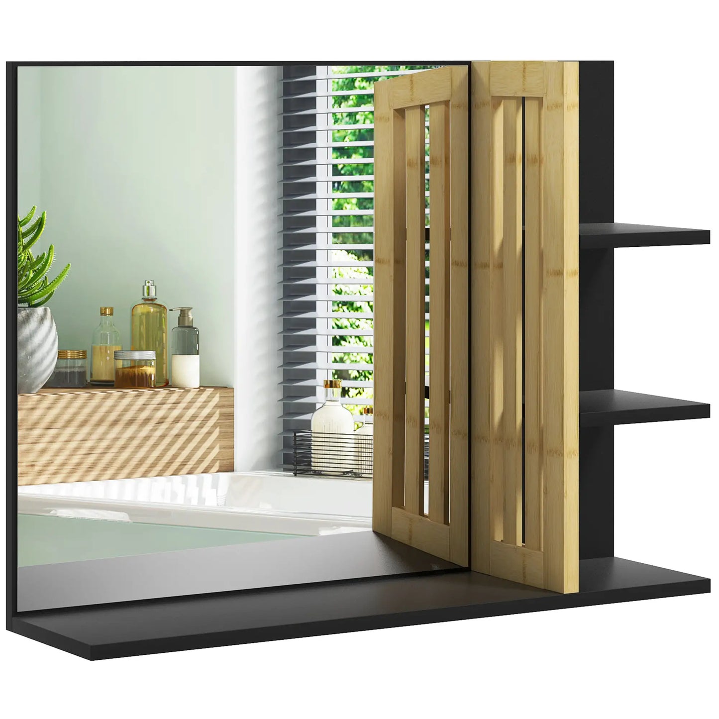 Bamboo Panel Bathroom Mirror, with Shelves