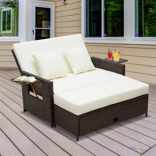 Rattan Sun Lounger 2 Seater Day Bed-Brown